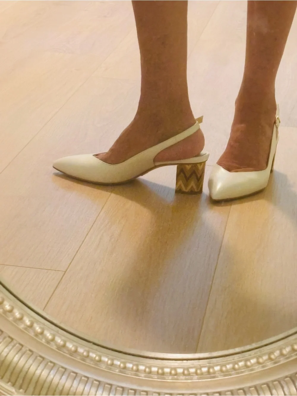 Sarah Flint White Pointed-Toe Slingback Pumps with Patterned Block Heel-Size 9